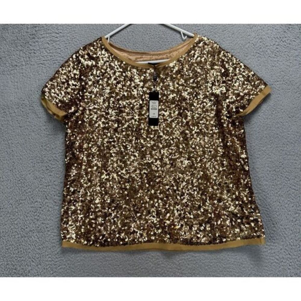 Talbots‎ Silk Sequins Shirt Womens 16P Petite Brown Short Sleeve Top Blouse NEW